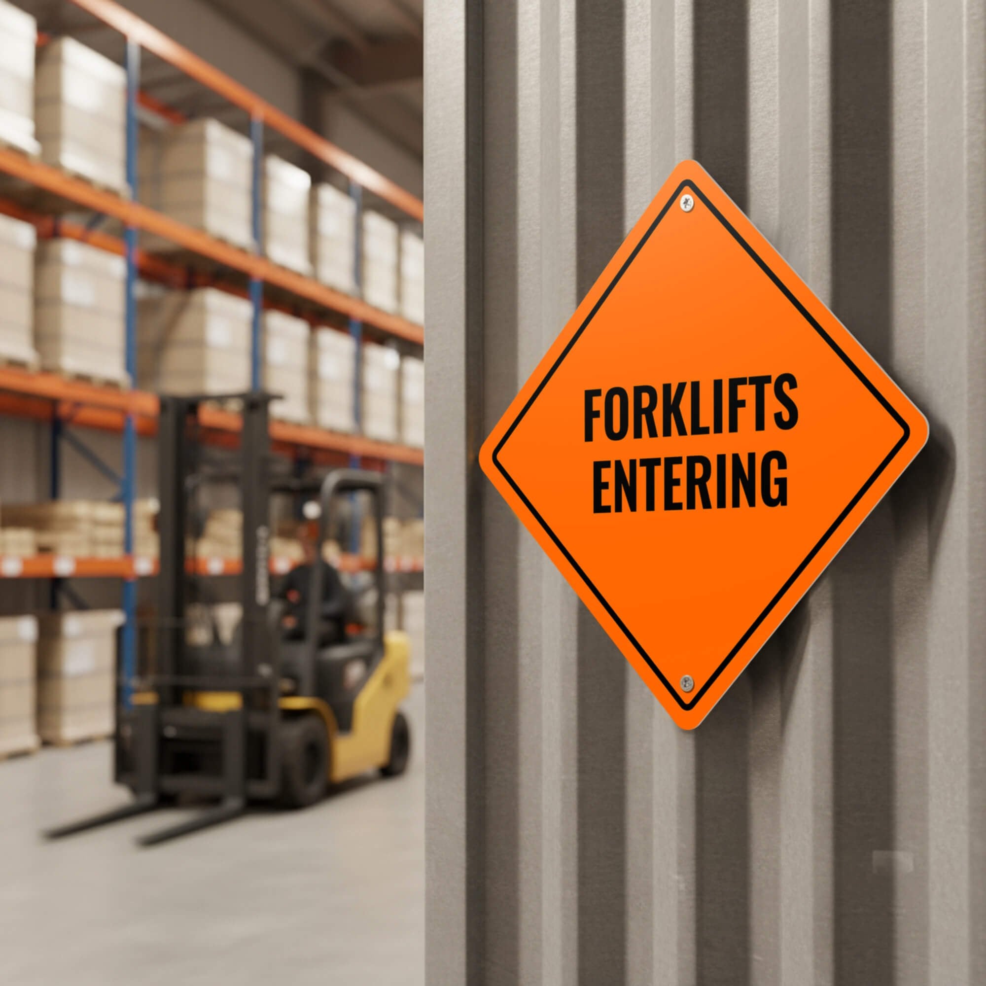 An orange diamond aluminum sign displayed in a warehouse where forklifts are being operated