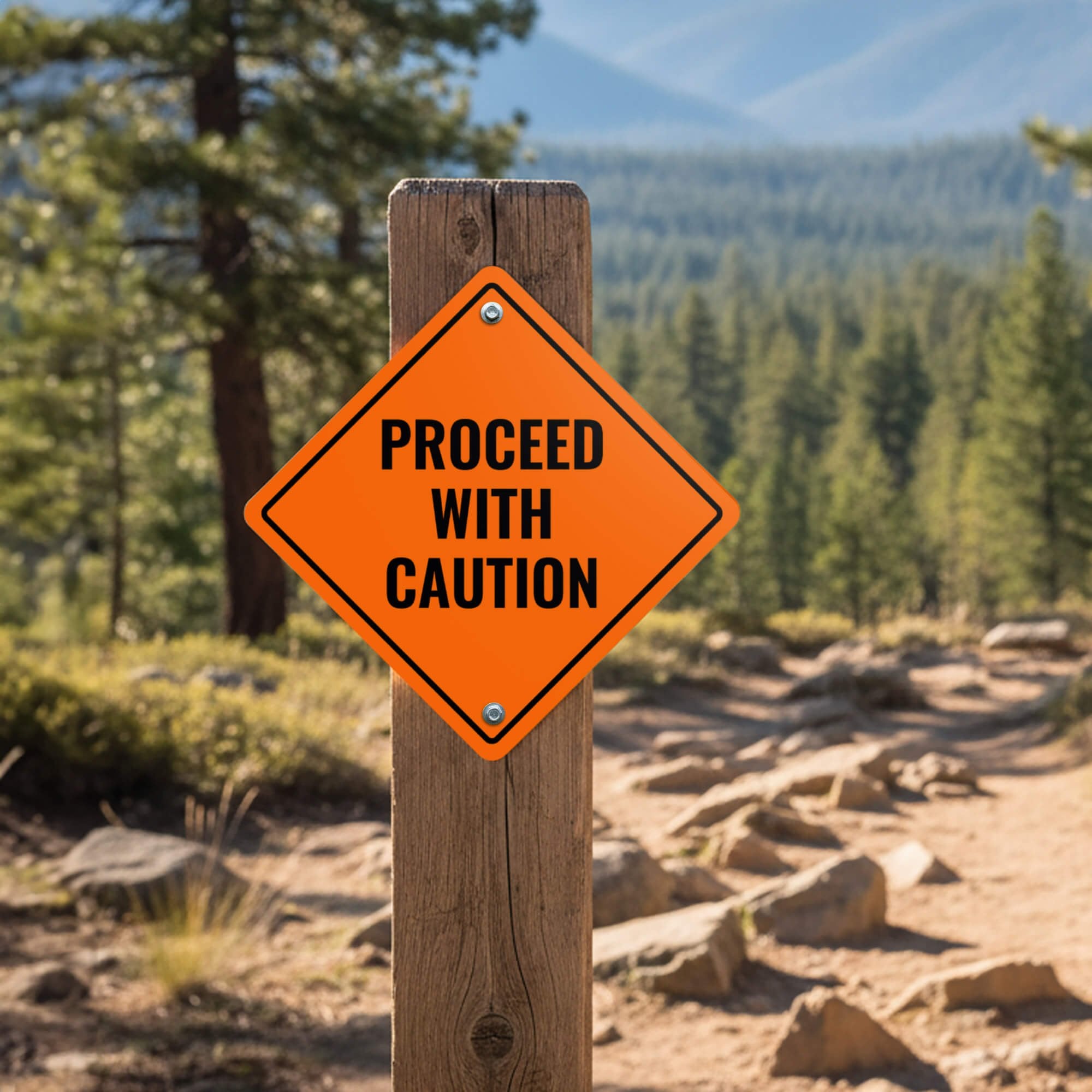 An orange diamond sign mounted on a wooden post advising to proceed with caution