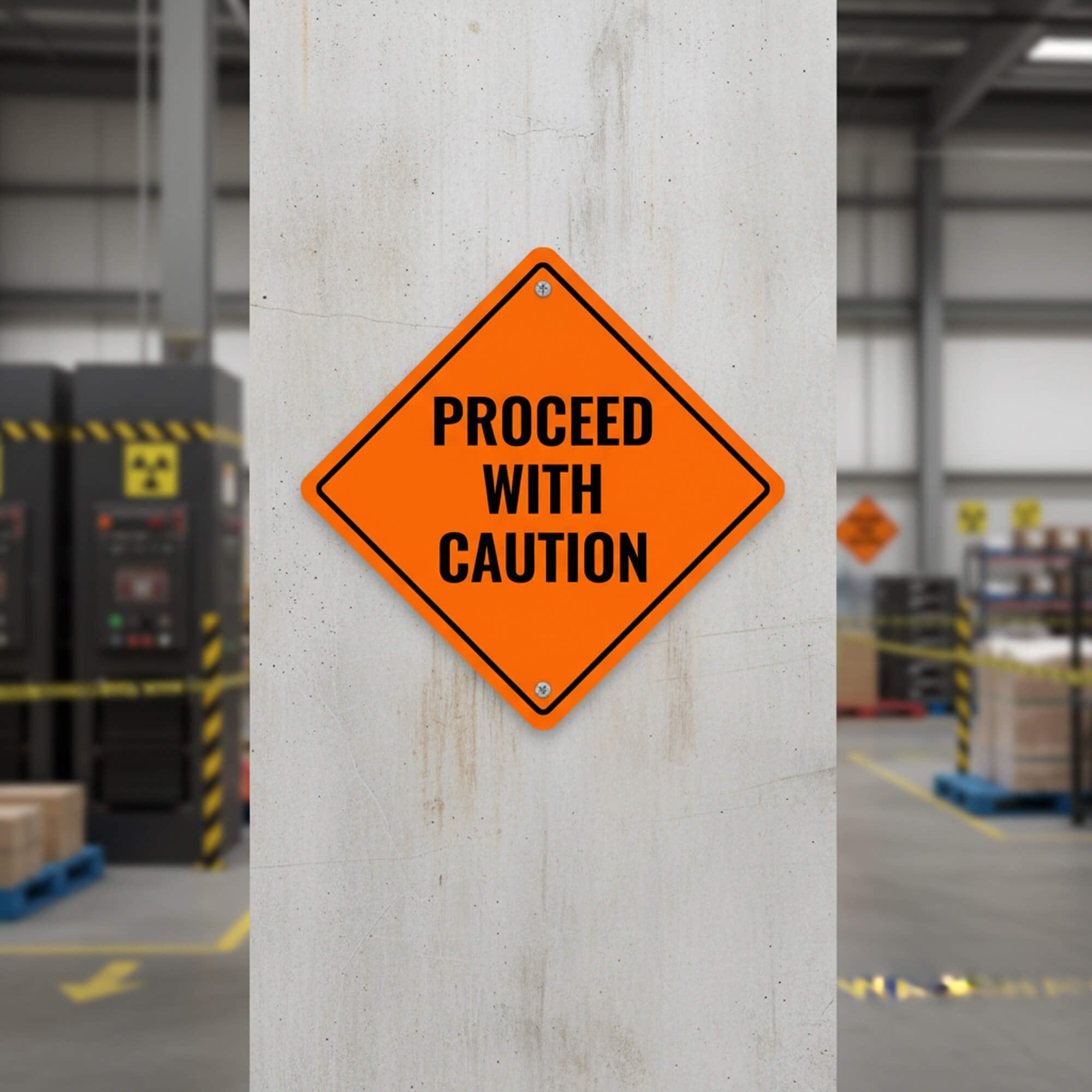 An orange diamond sign mounted in a warehouse advising to proceed with caution