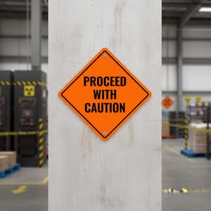 An orange diamond sign mounted in a warehouse advising to proceed with caution
