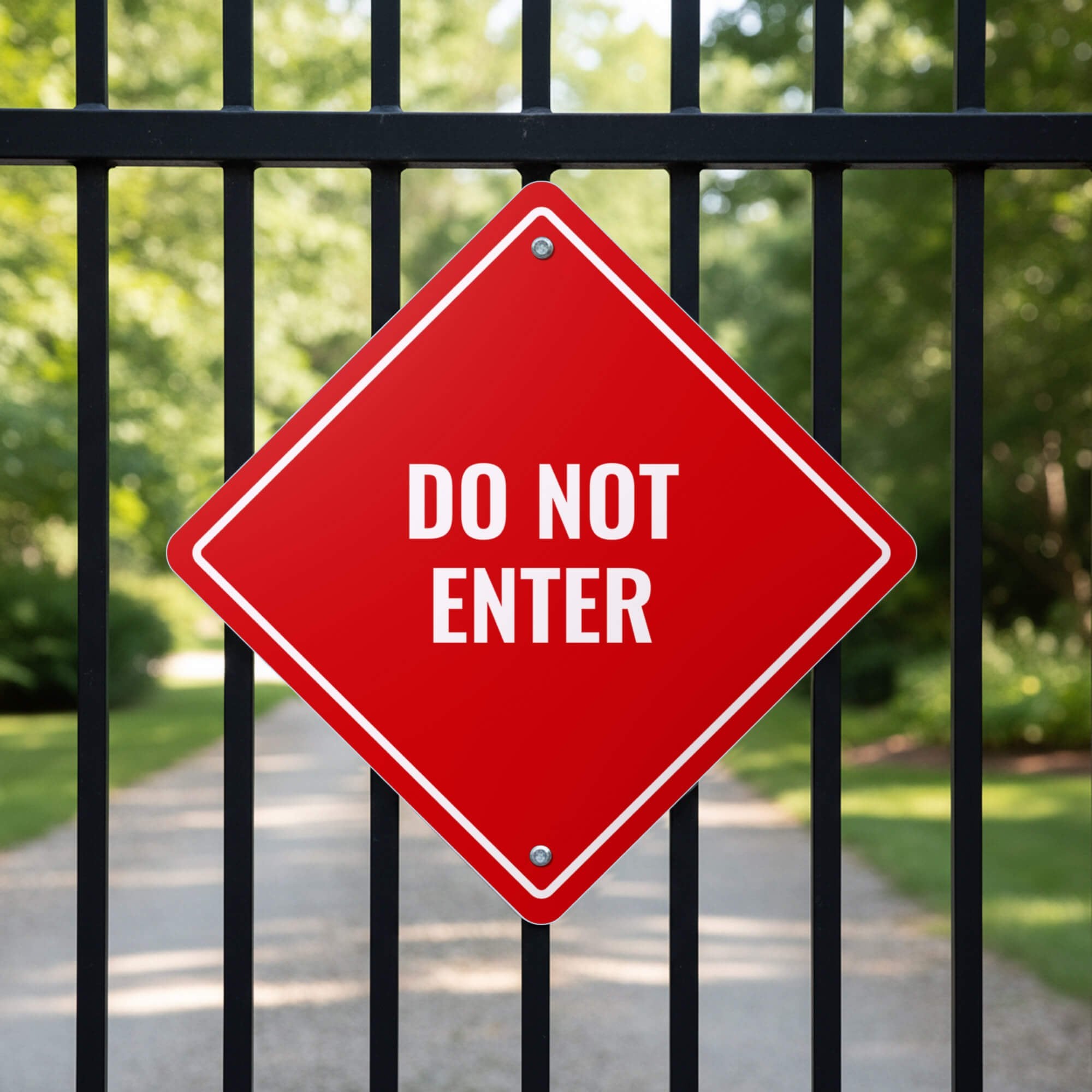 A red diamond aluminum sign displayed on a gate with the message DO NOT ENTER