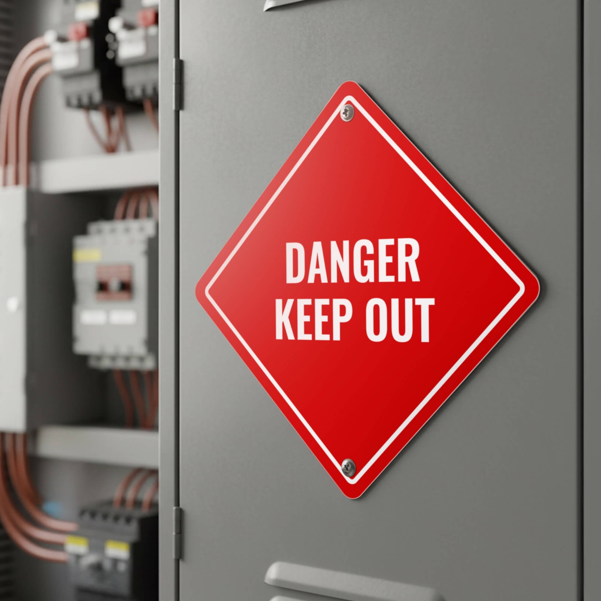 A red diamond aluminum sign by electrical wires with the message DANGER KEEP OUT
