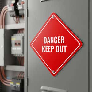 A red diamond aluminum sign by electrical wires with the message DANGER KEEP OUT