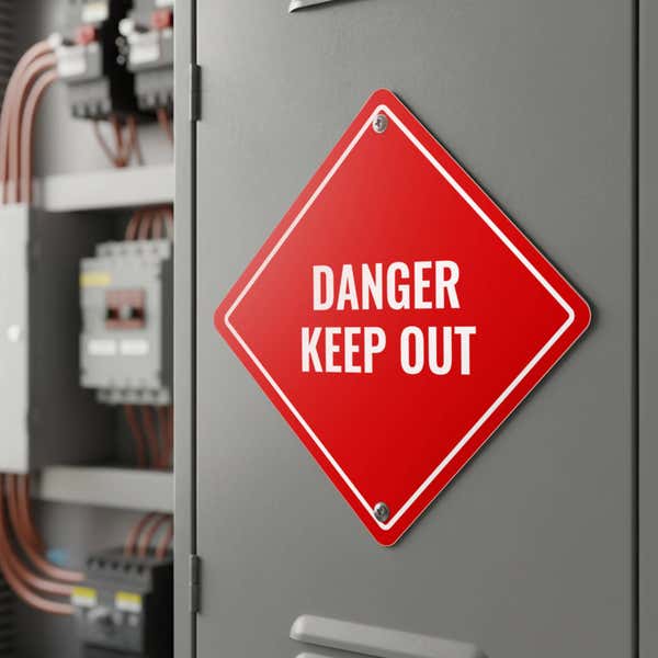 A red diamond aluminum sign by electrical wires with the message DANGER KEEP OUT
