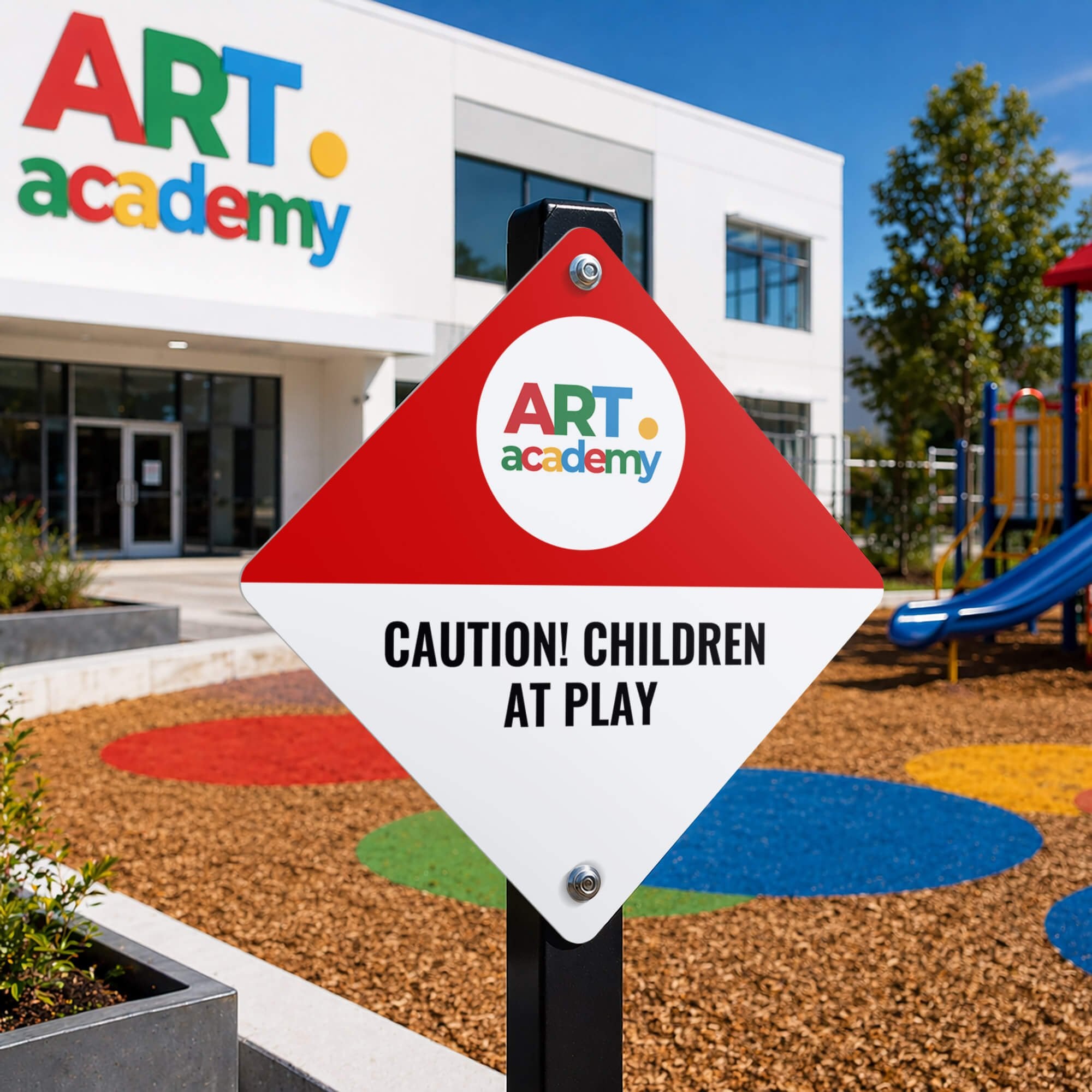 A custom diamond sign with a red and white split design for an art academy 