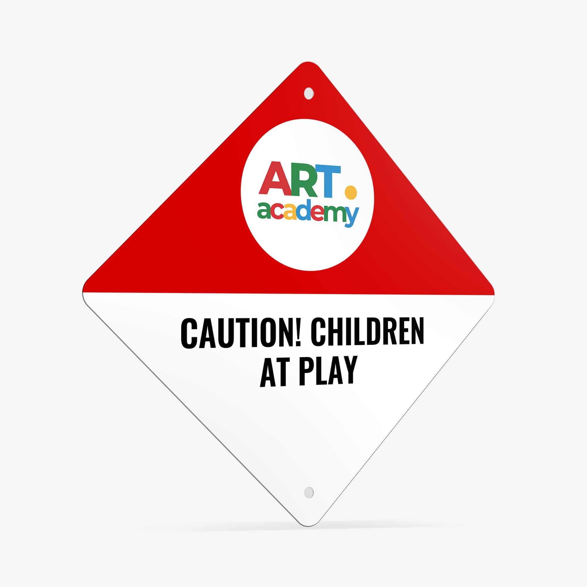 An angled view of a red and white split design on a diamond aluminum sign with an art academy logo