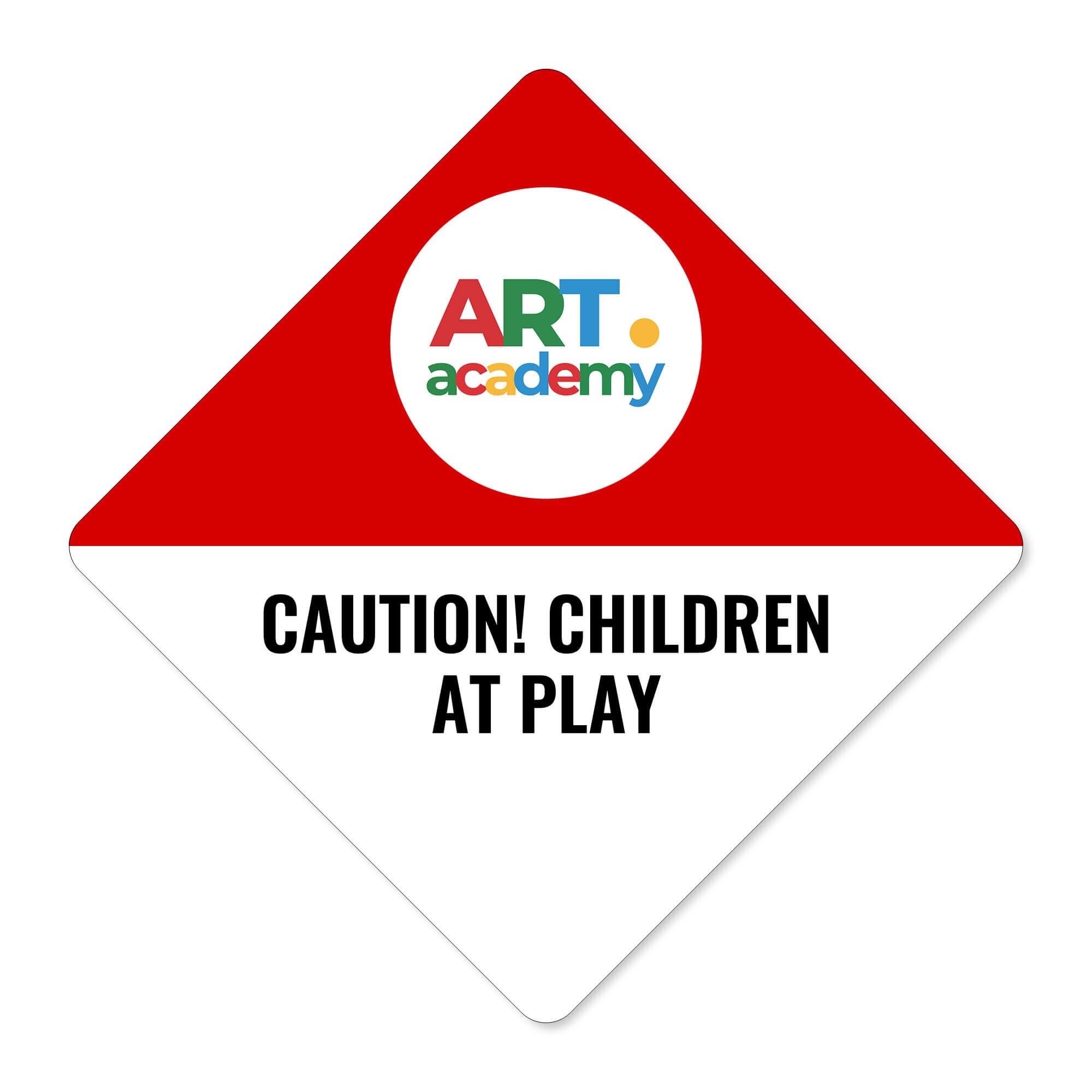 A red and white split design diamond sign on a white background