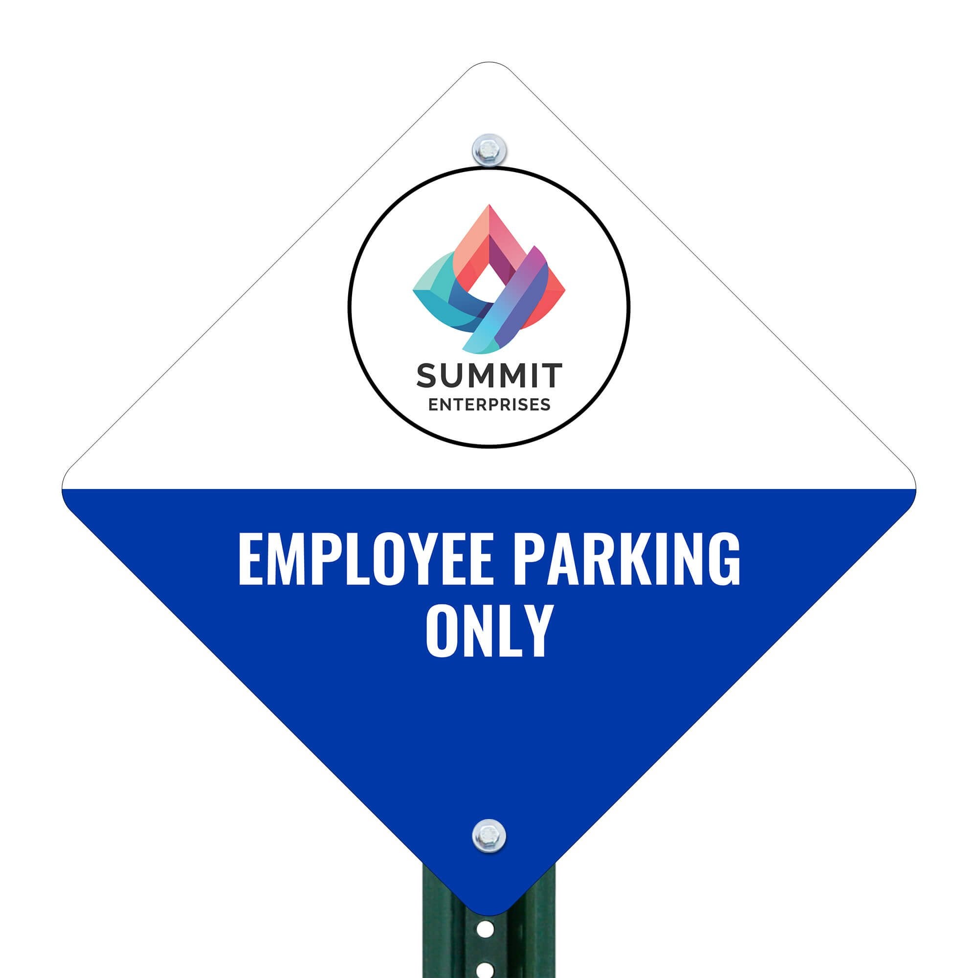A white and blue split design diamond sign for employee parking on a pole