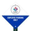 A white and blue split design diamond sign for employee parking on a pole