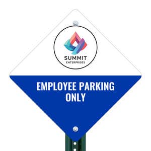 A white and blue split design diamond sign for employee parking on a pole