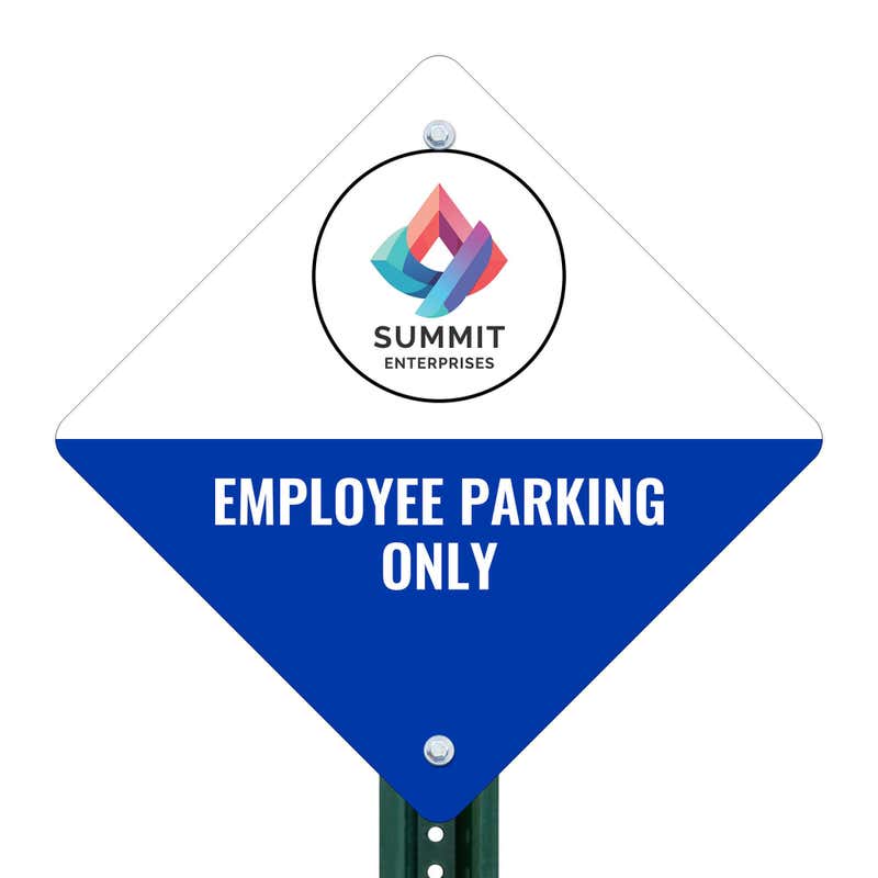 A white and blue split design diamond sign for employee parking on a pole