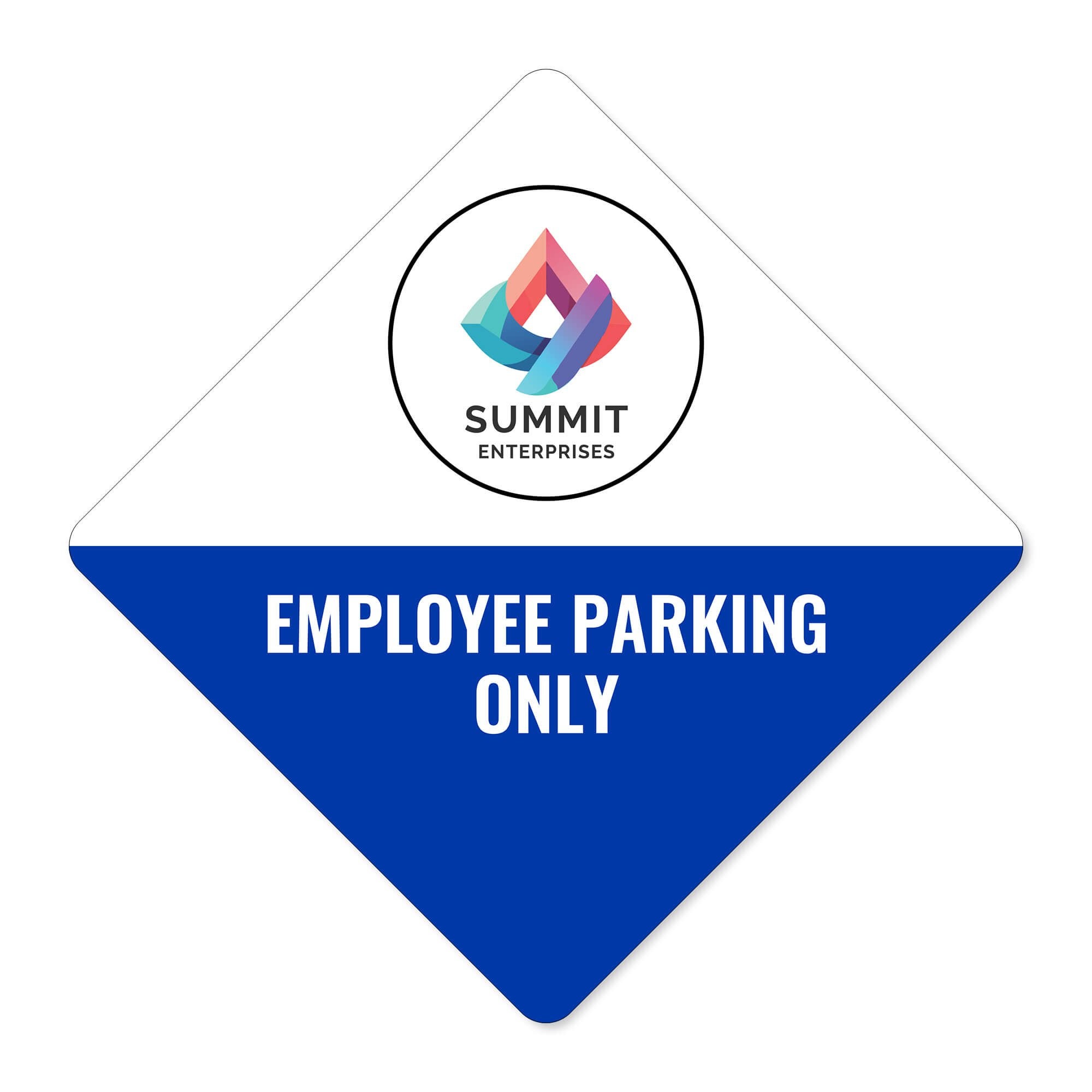 A white and blue split design diamond sign on a white background