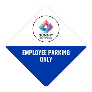 A white and blue split design diamond sign on a white background