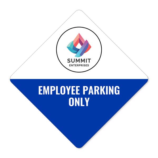 A white and blue split design diamond sign on a white background