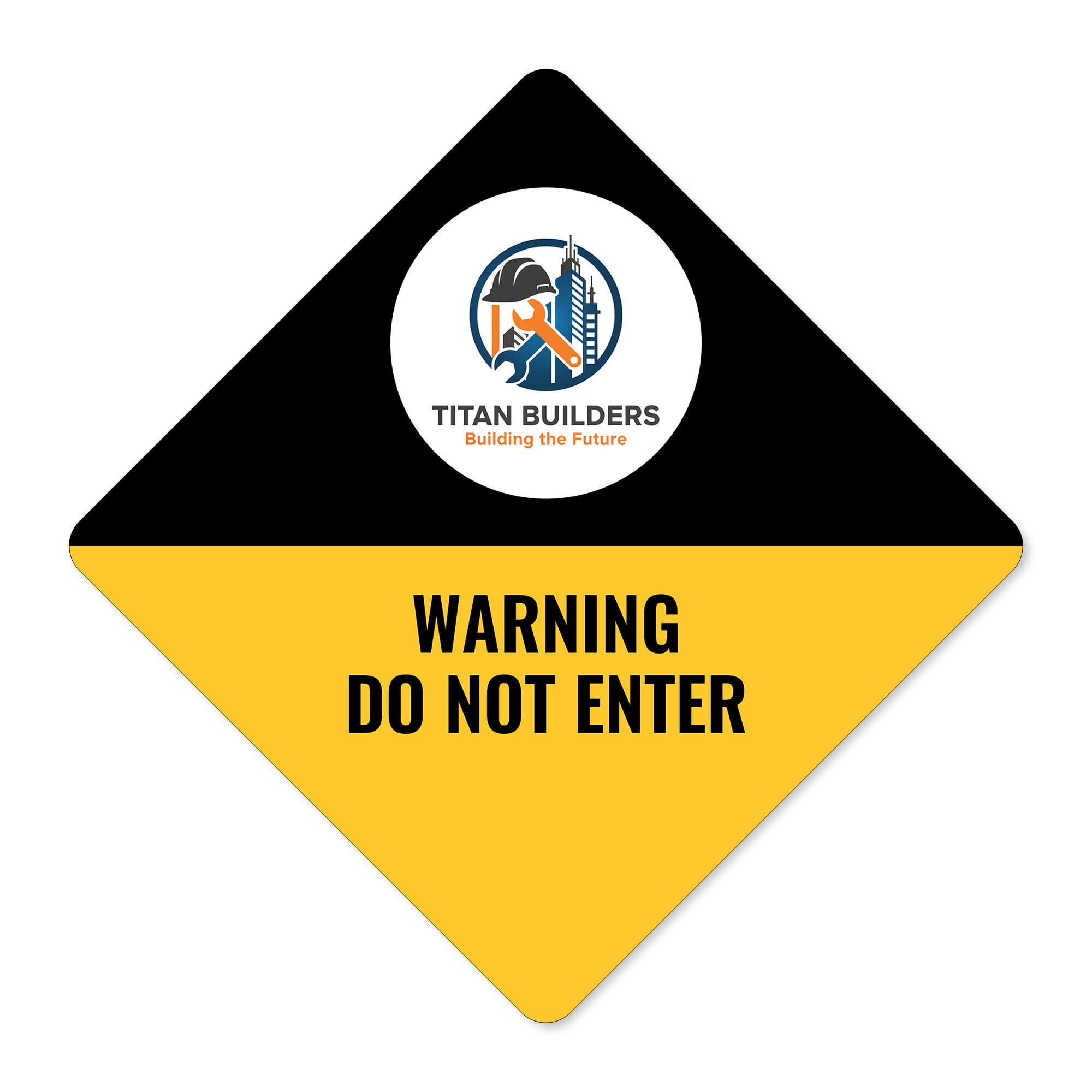 A black and yellow split design diamond sign on a white background