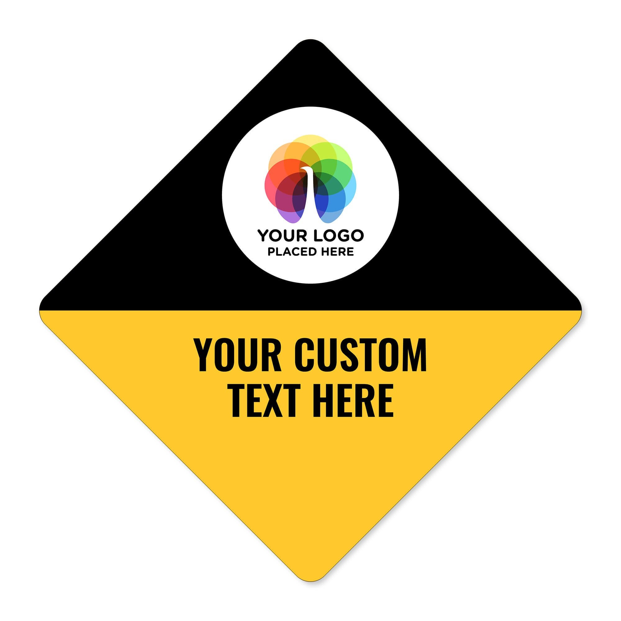 Custom diamond sign with split design and a logo