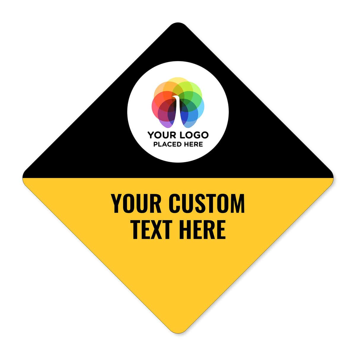 Custom diamond sign with split design and a logo
