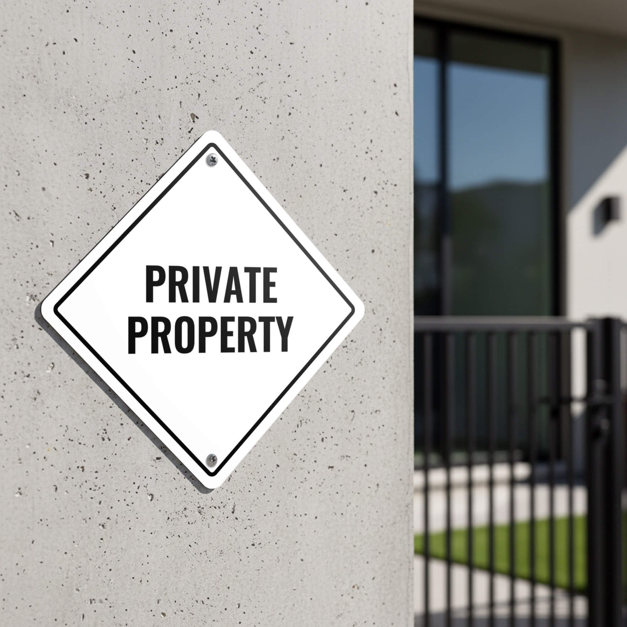 A white diamond sign for a private property