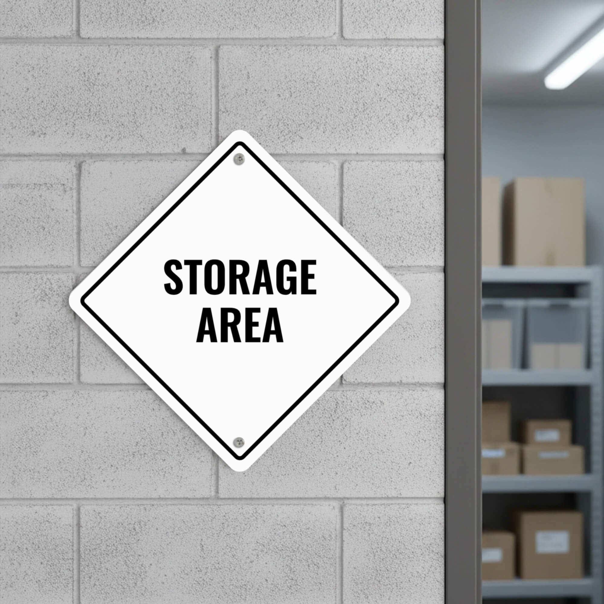 A white diamond aluminum sign for a storage area