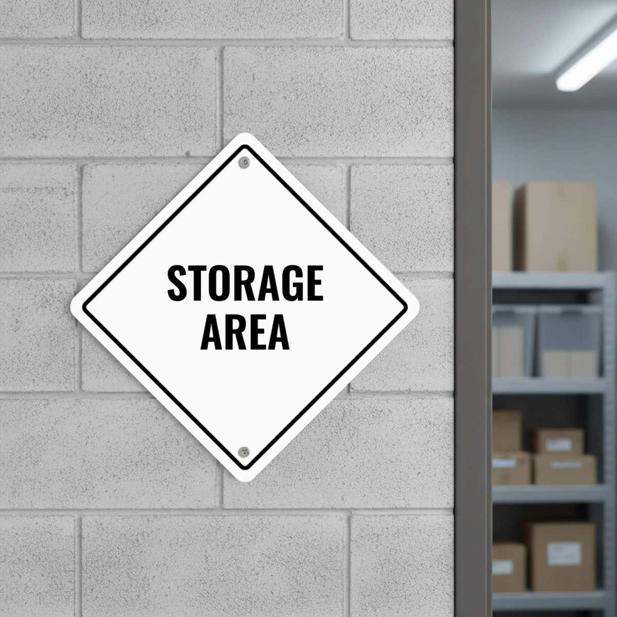 A white diamond aluminum sign for a storage area