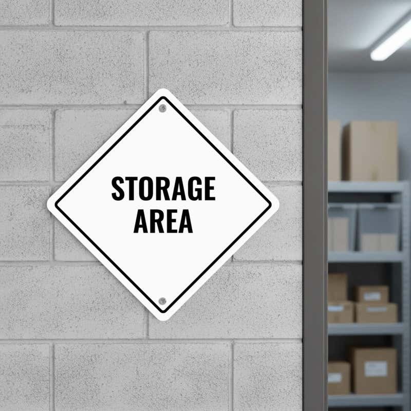 A white diamond aluminum sign for a storage area