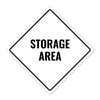 A white diamond aluminum sign with the message STORAGE AREA