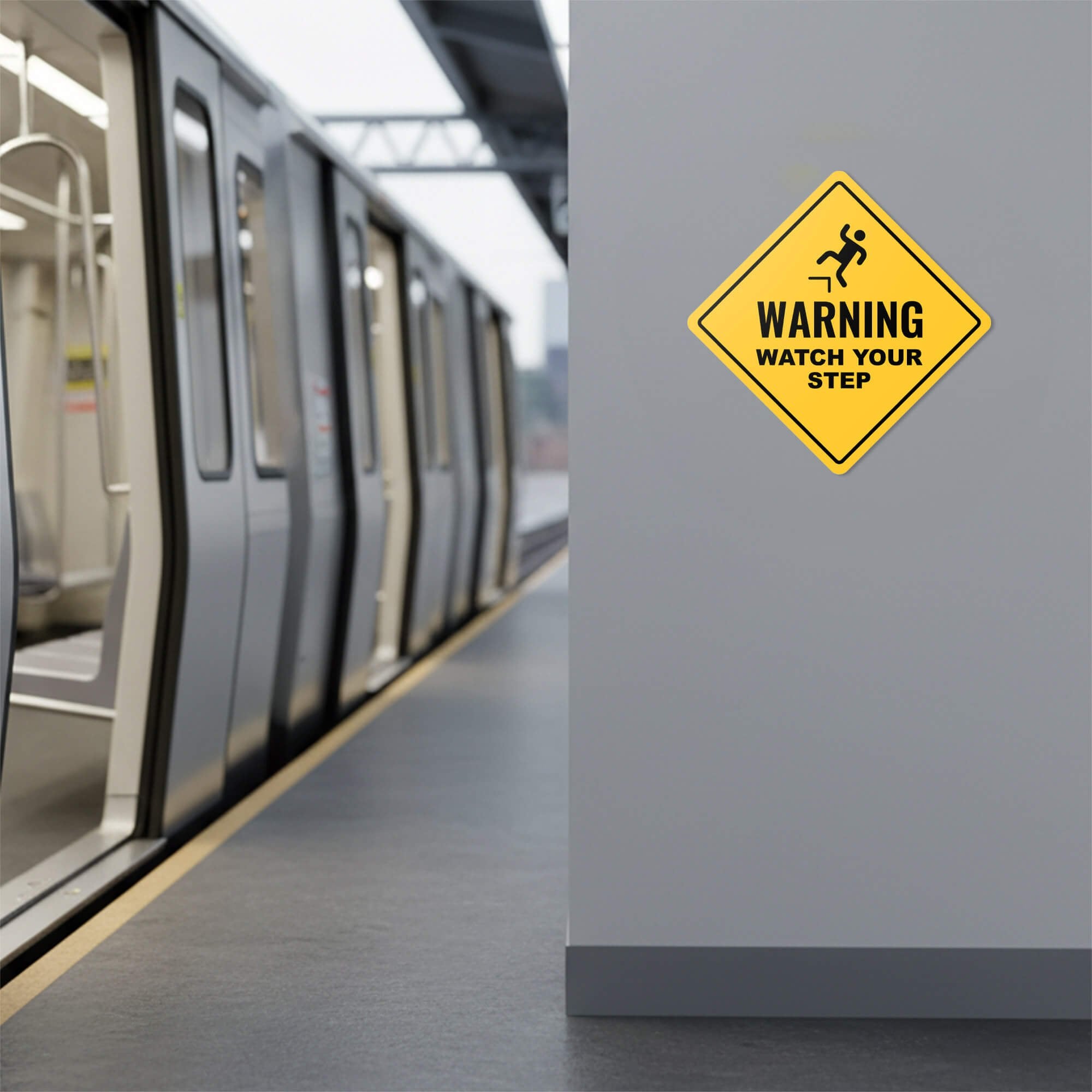 A yellow diamond sign to watch your step with an icon