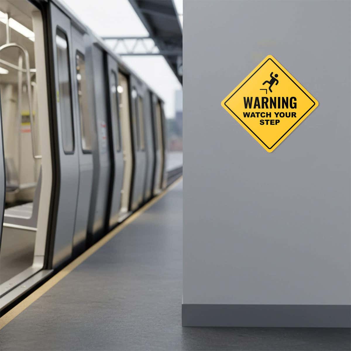 A yellow diamond sign to watch your step with an icon