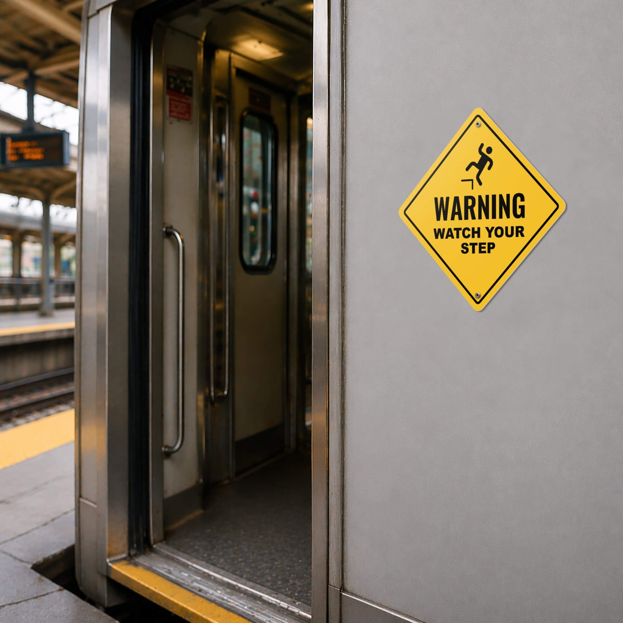 A yellow diamond warning sign to watch your step while entering the train