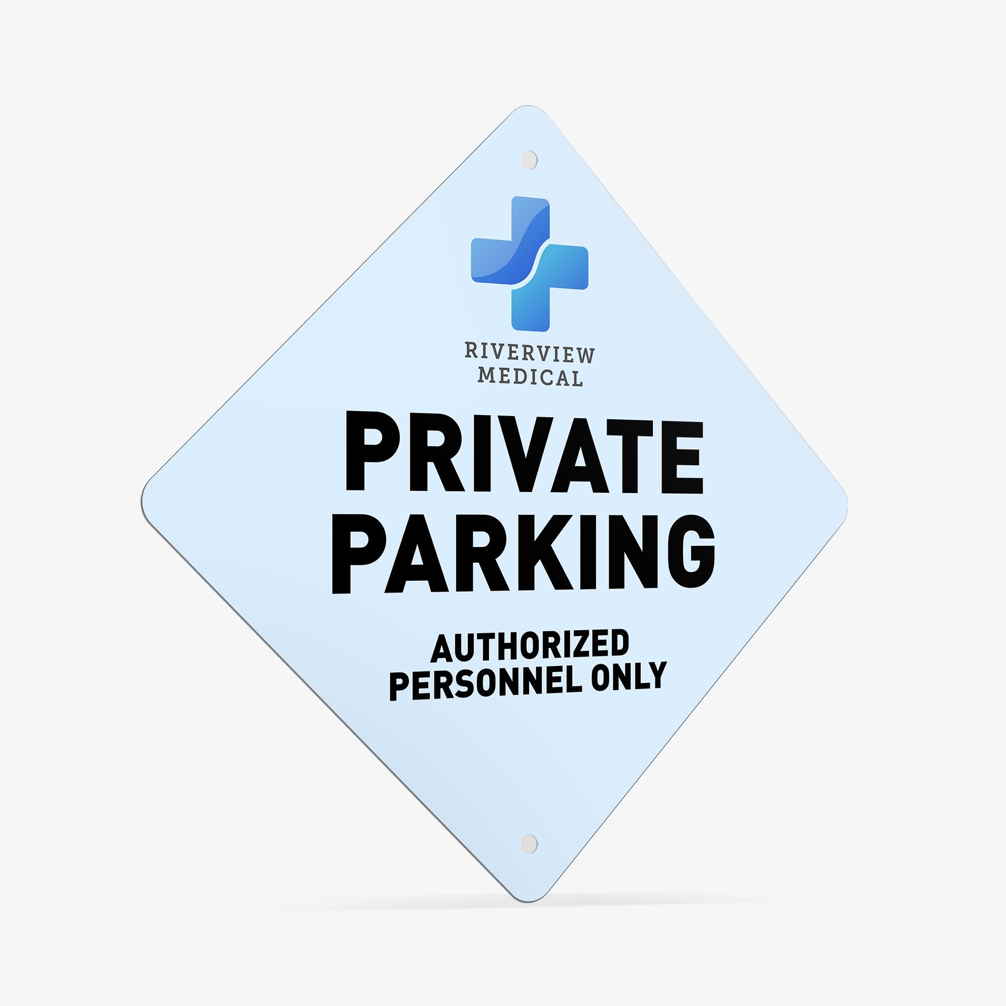A custom blue diamond aluminum sign with a private parking message and a hospital logo