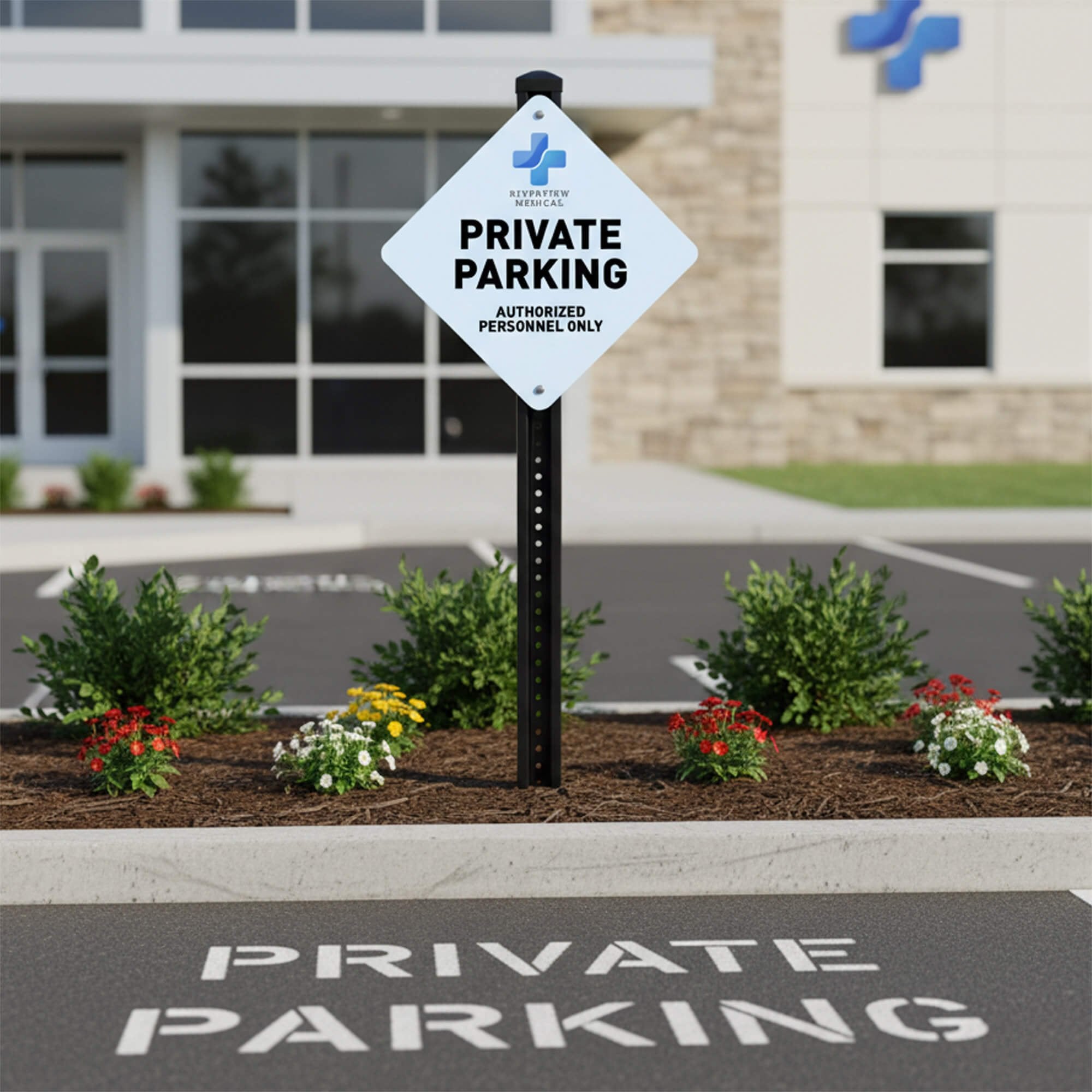 A blue diamond sign for a private parking spot at a hospital