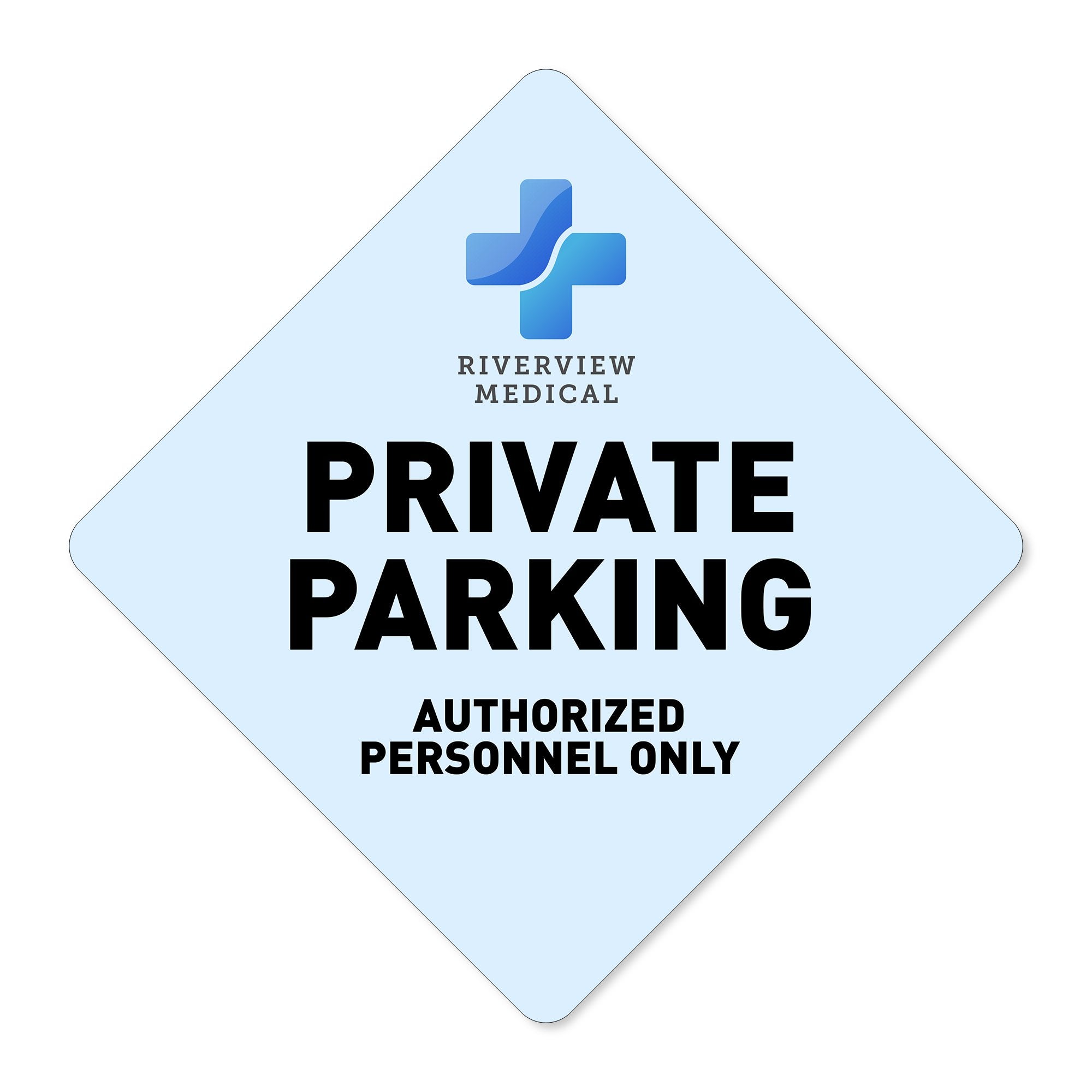 A custom blue diamond aluminum sign with a private parking message and a hospital logo A custom blue diamond aluminum sign with a private parking message and a hospital logo