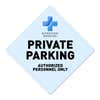 A custom blue diamond aluminum sign with a private parking message and a hospital logo