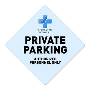 A custom blue diamond aluminum sign with a private parking message and a hospital logo