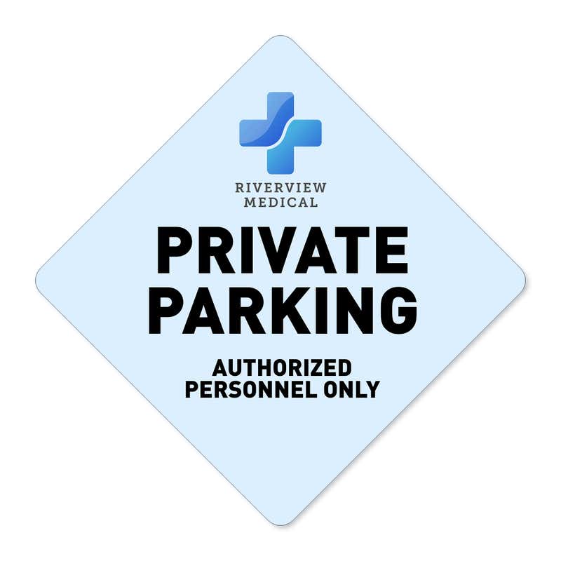 A custom blue diamond aluminum sign with a private parking message and a hospital logo