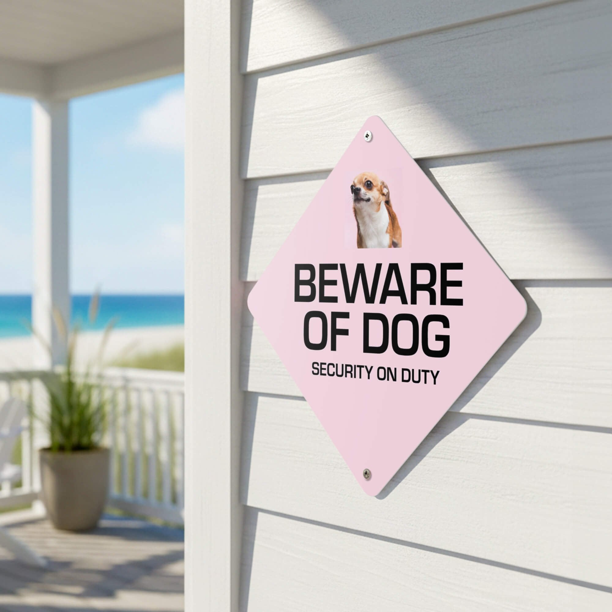 A pink diamond sign with a funny dog image with the message to beware of the dog