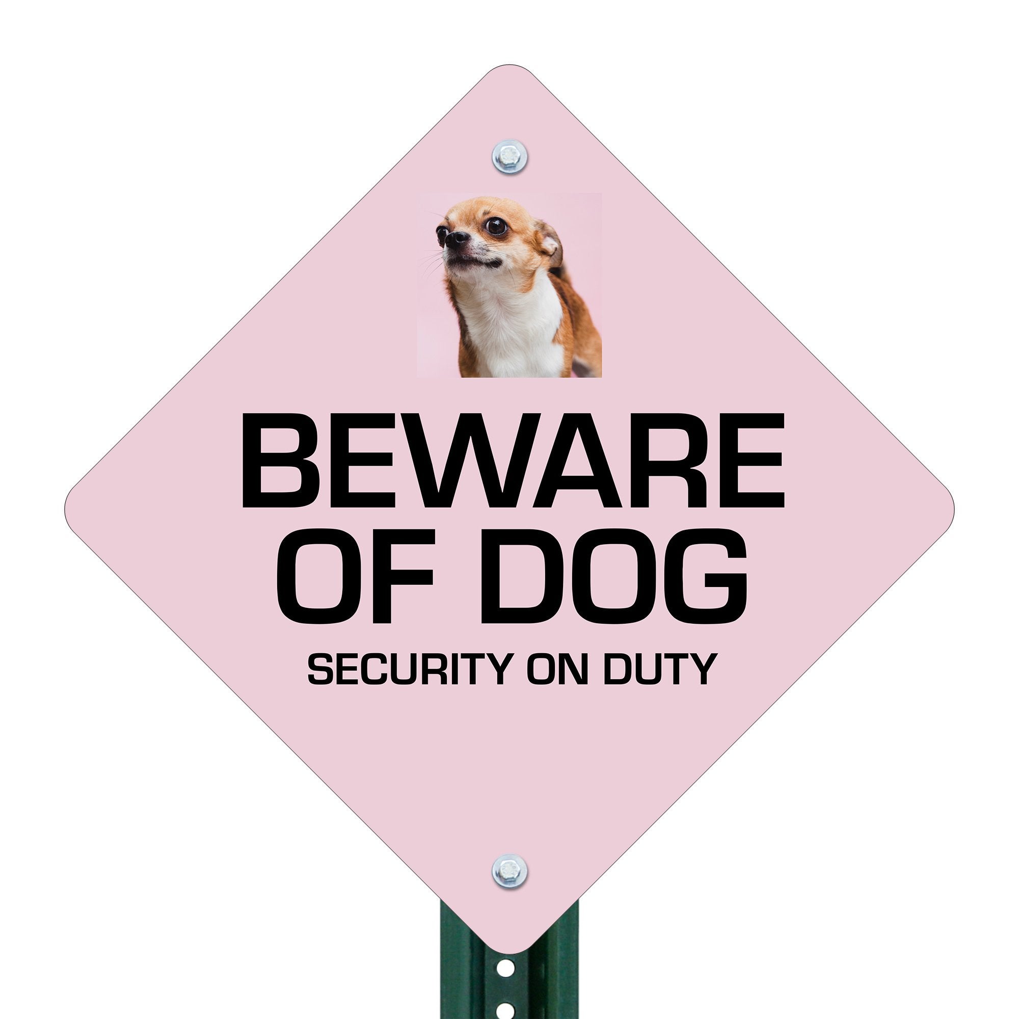 A custom pink diamond sign with a beware of dog message and a funny dog image