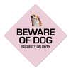 A custom pink diamond sign with a beware of dog message and a funny dog image