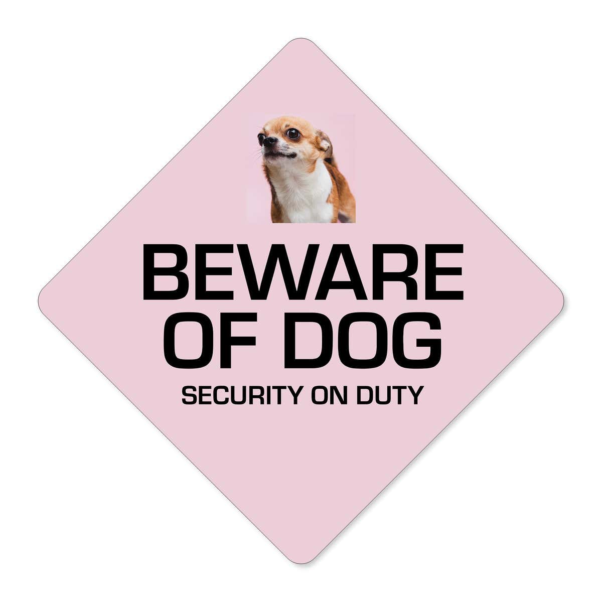 A custom pink diamond sign with a beware of dog message and a funny dog image