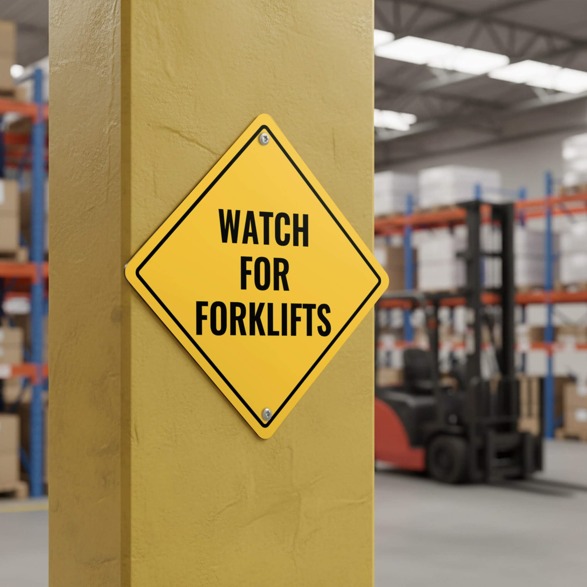 A yellow diamond aluminum sign warning of forklifts