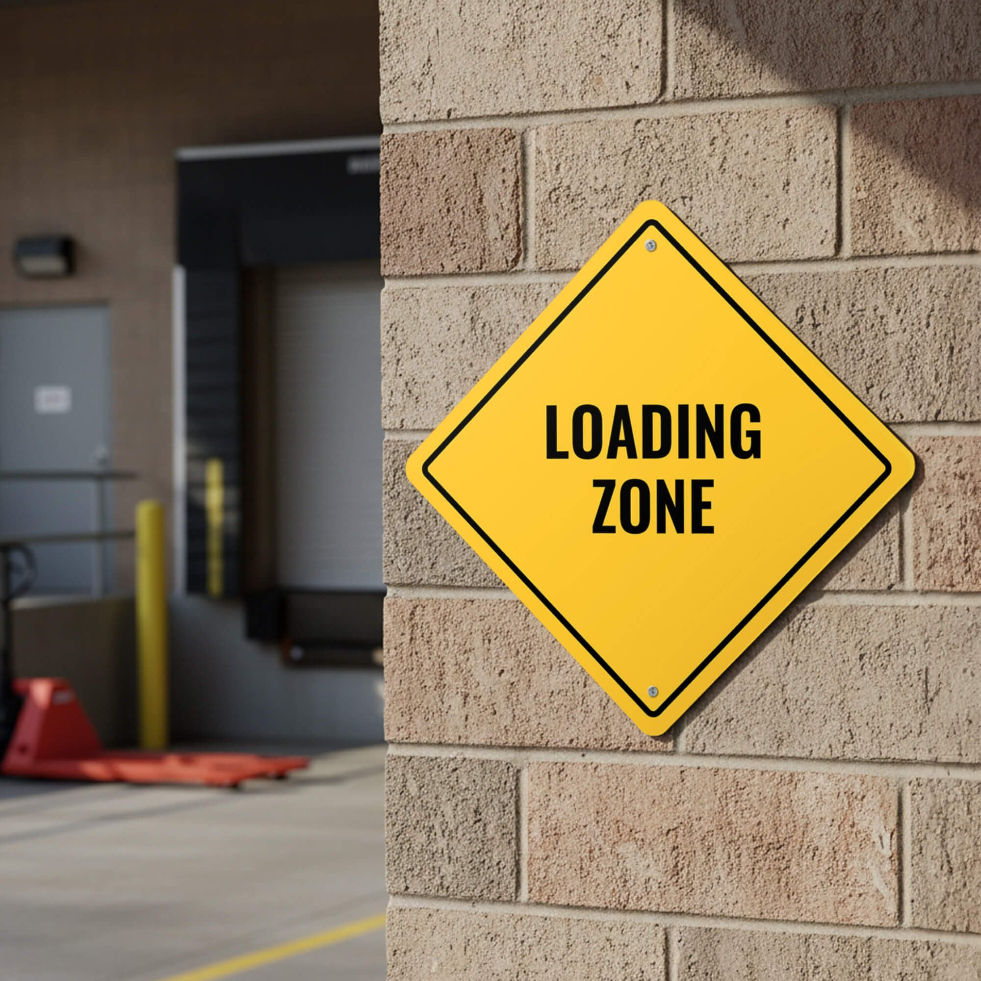A yellow aluminum sign mounted outside for a loading area