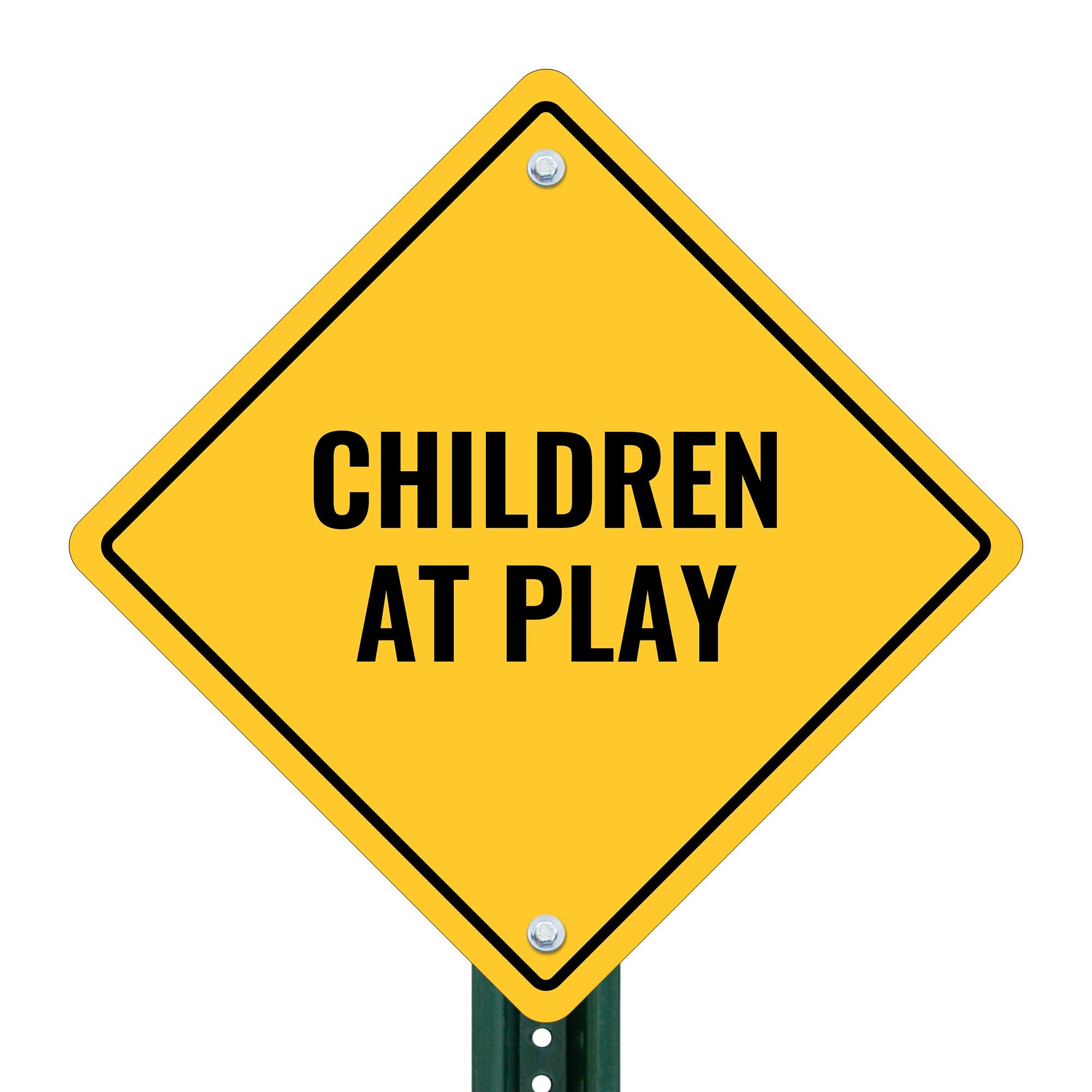 A yellow diamond sign on a post with the message CHILDREN AT PLAY