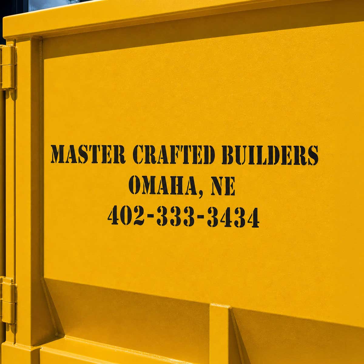 A constructions company's information stenciled onto a container