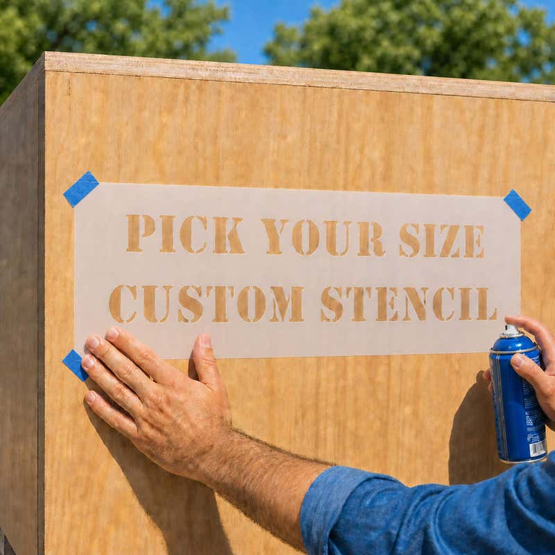 A stencil being secured onto a wooden box using painters tape