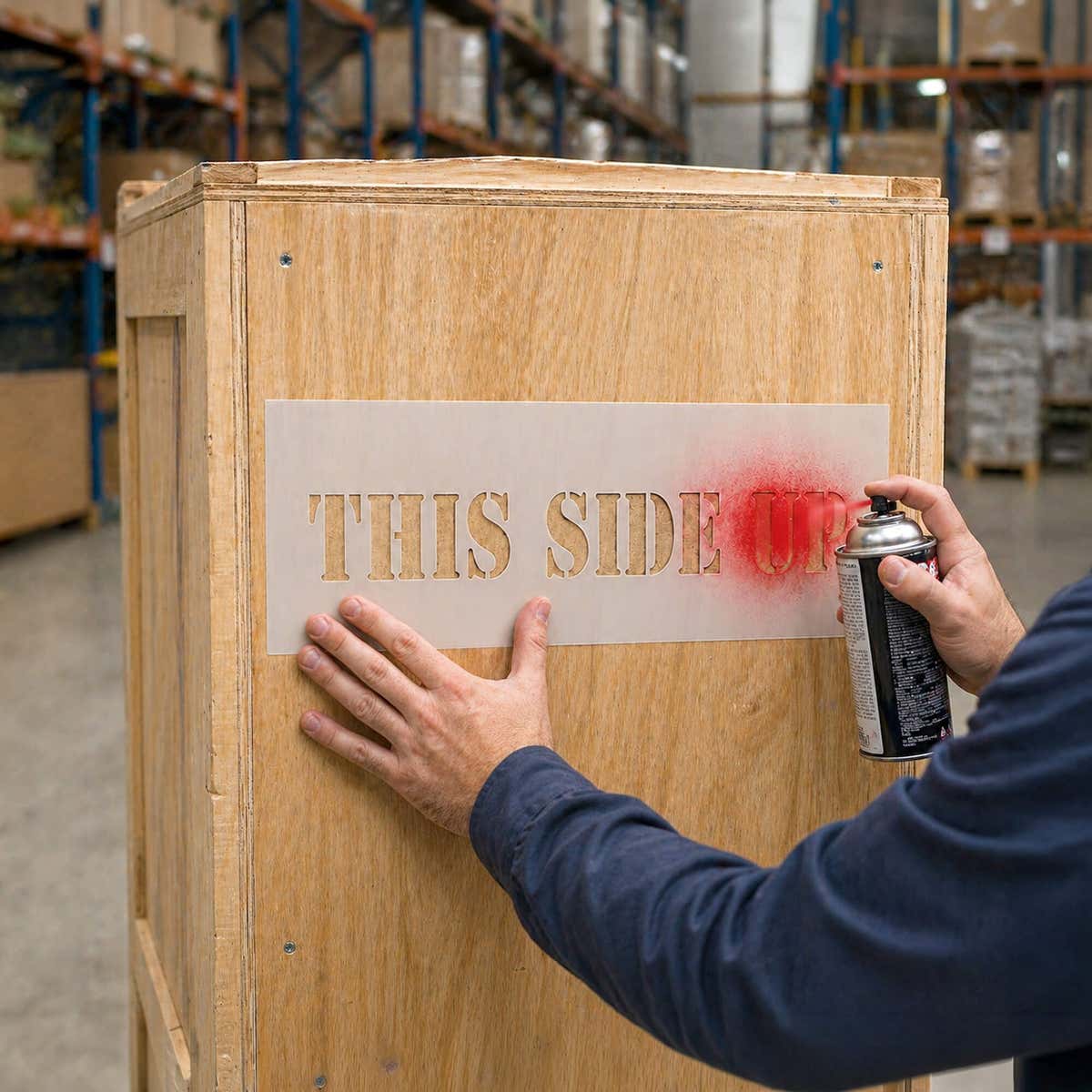 A person spray painting onto a wooden box using a stencil