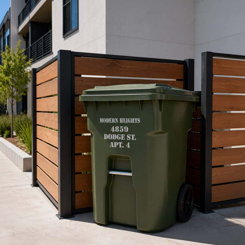 An address stenciled onto a garbage can