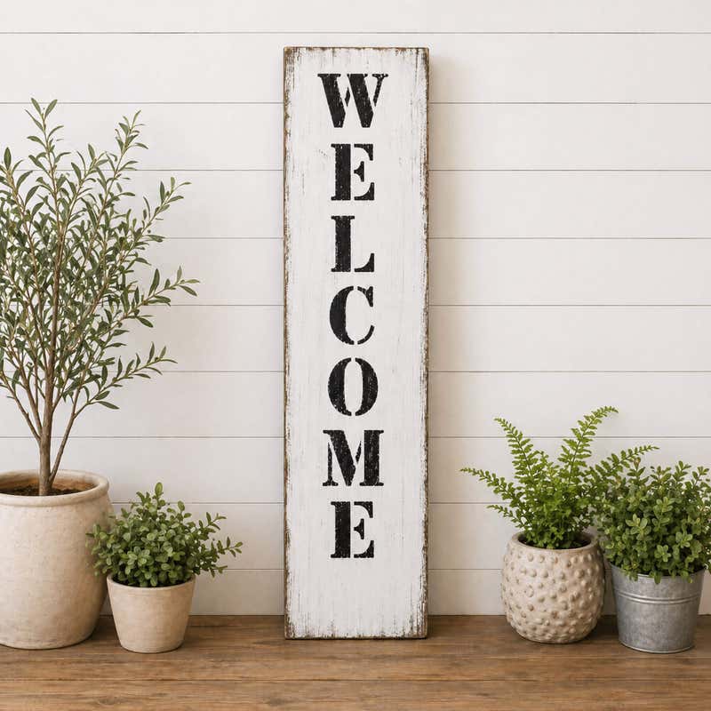 Welcome stenciled onto a white board 