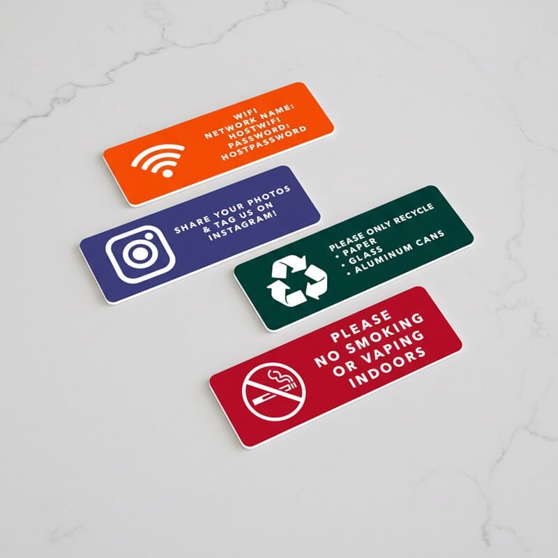 4 different designs of the 1x3 engraved plastic sign for an Airbnb house