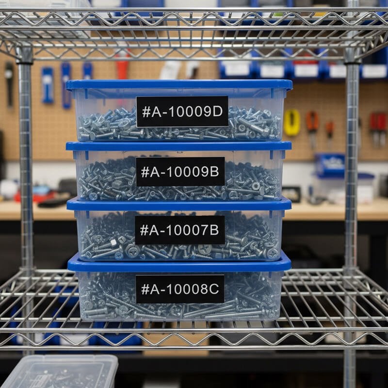 Stacked boxes holding screw with engraved plastic labels on them to identify each box