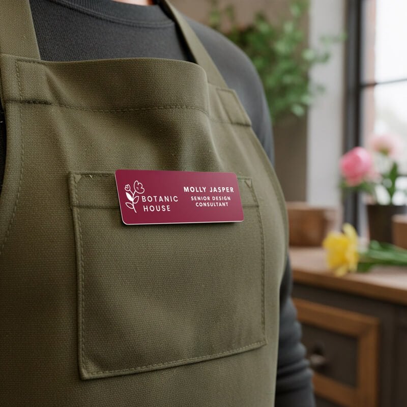 a red engraved plastic sign being used as a name tag for a florist